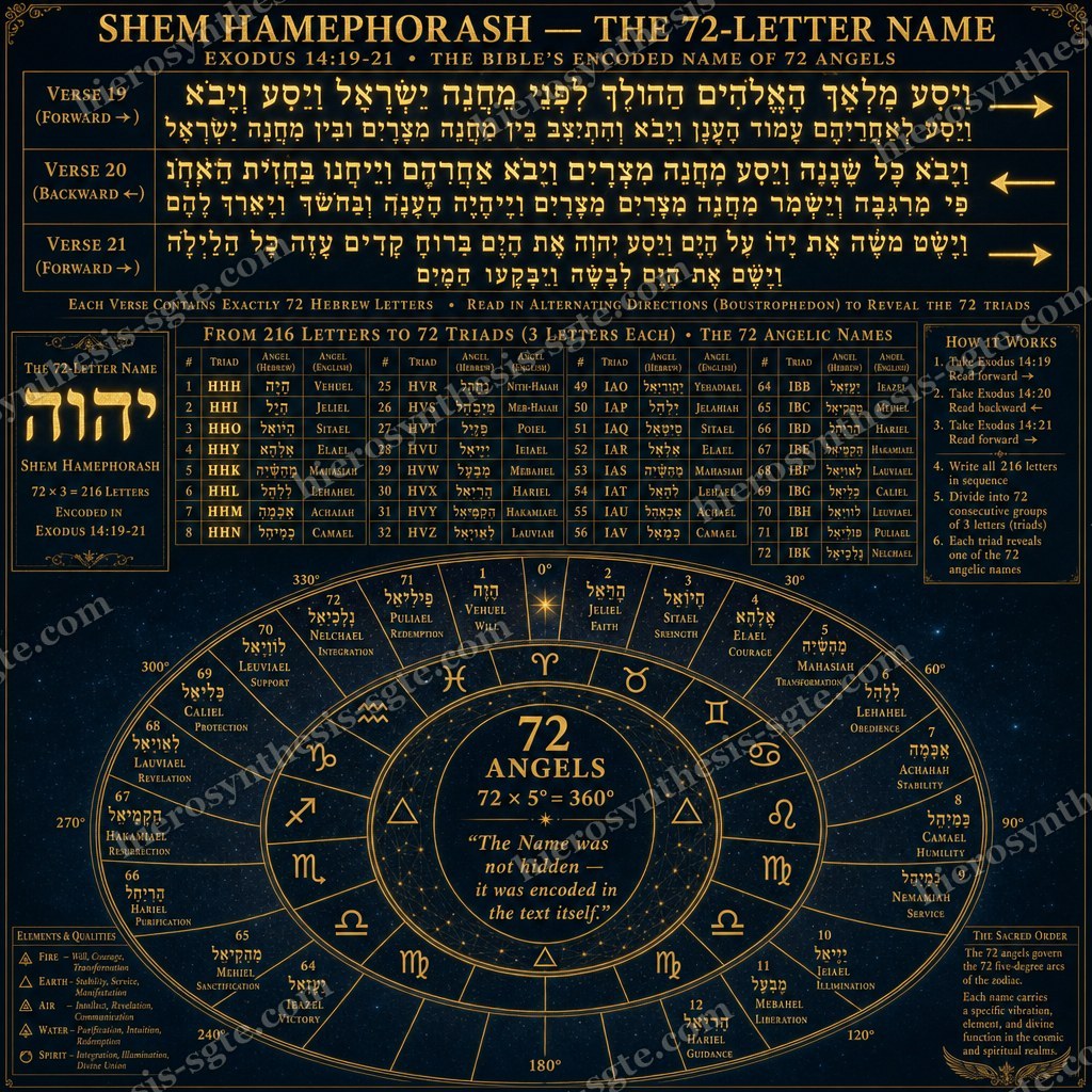 Shem HaMephorash — the three verses of Exodus 14, the 72 three-letter names, and the 72 angels drawn around the zodiac wheel