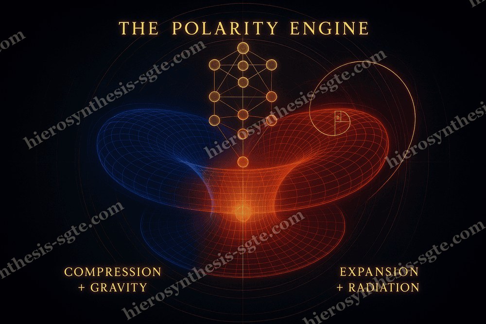 The Polarity Engine — two opposed tori meeting at a burning throat beneath the Tree of Life
