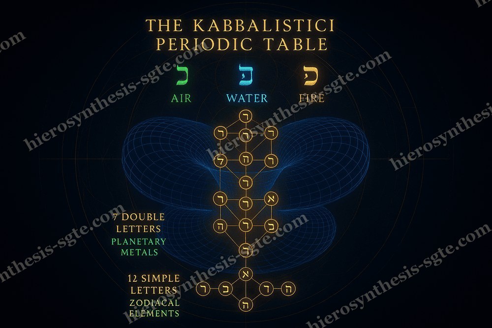 The Kabbalistic periodic table of letters — three Mothers above, seven Doubles and twelve Simples on the Tree