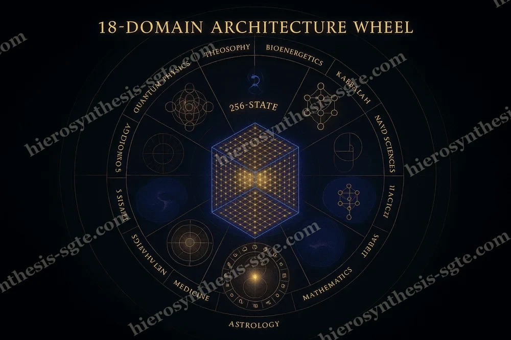The eighteen domains drawn as a wheel, each field a spoke around a shared centre