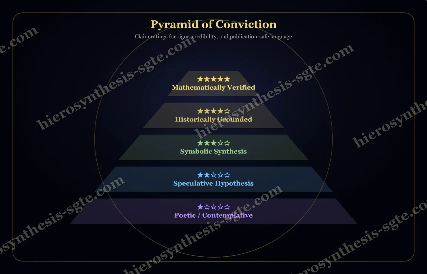 The author's Pyramid of Conviction plate — five star-rated tiers from Poetic / Contemplative at the base up to Mathematically Verified at the peak