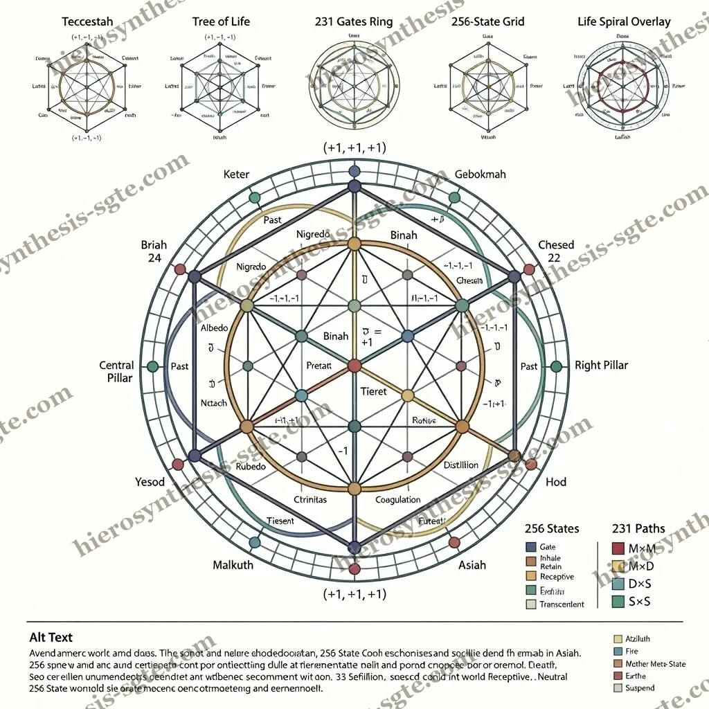 Schematic panel nesting the Tree of Life, the 231 Gates ring, the alchemical stages and the 256-state lattice