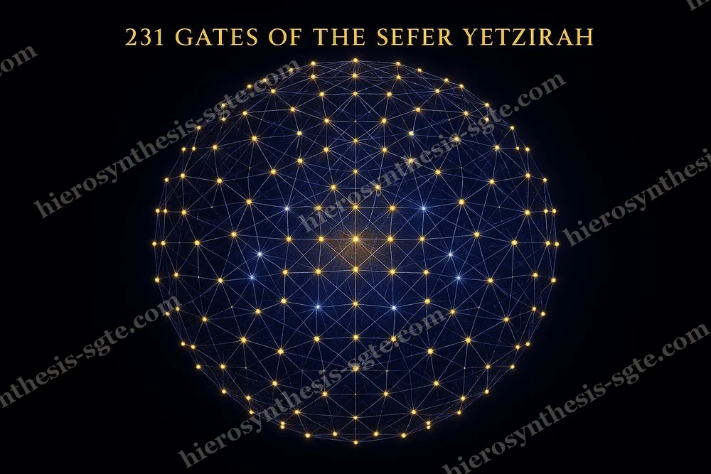 The 231 gates drawn as a sphere of glowing nodes, every node joined to the letters it shares