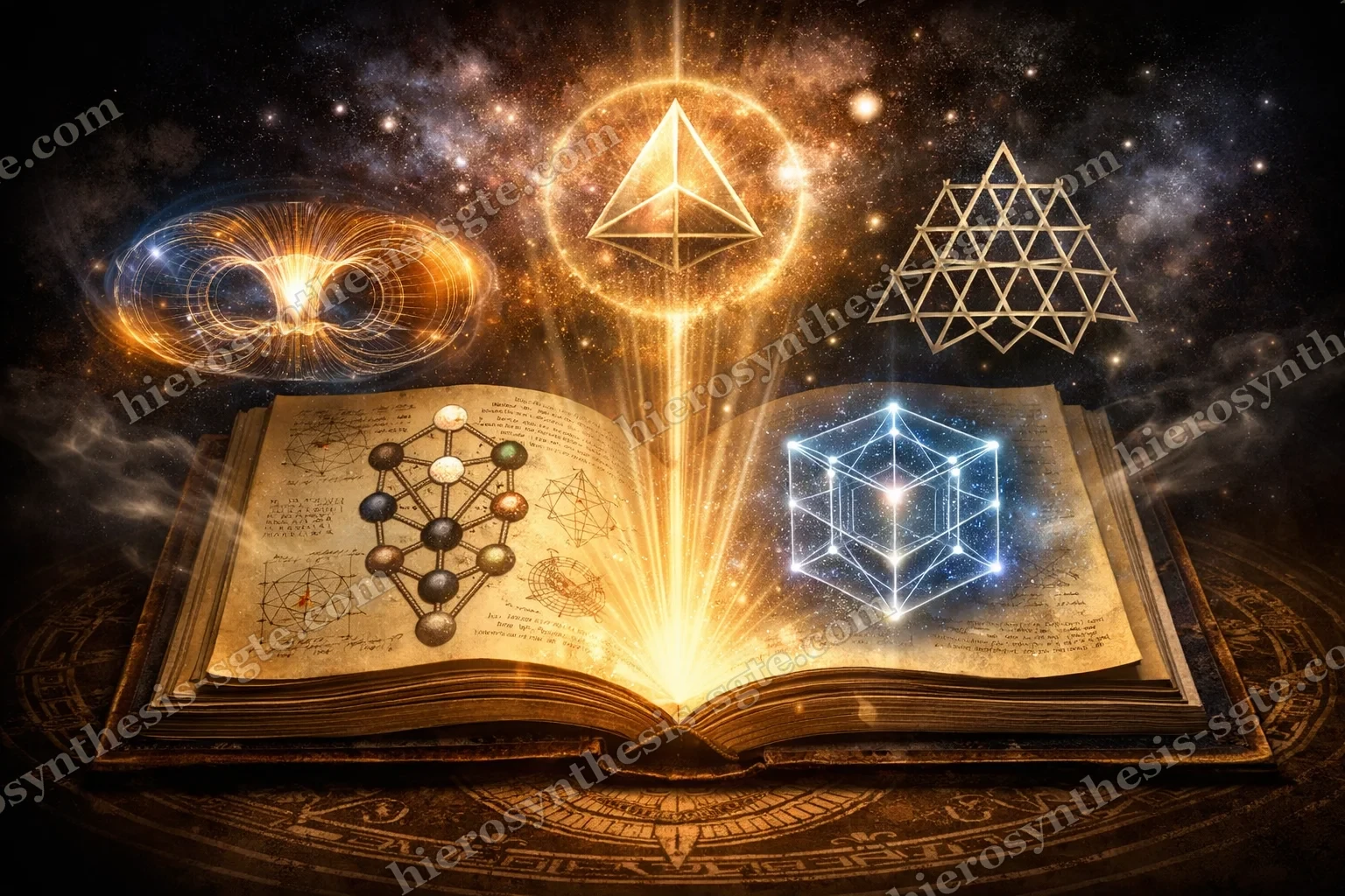 The Grimoire of Living Geometry — an open illuminated book projecting geometric forms