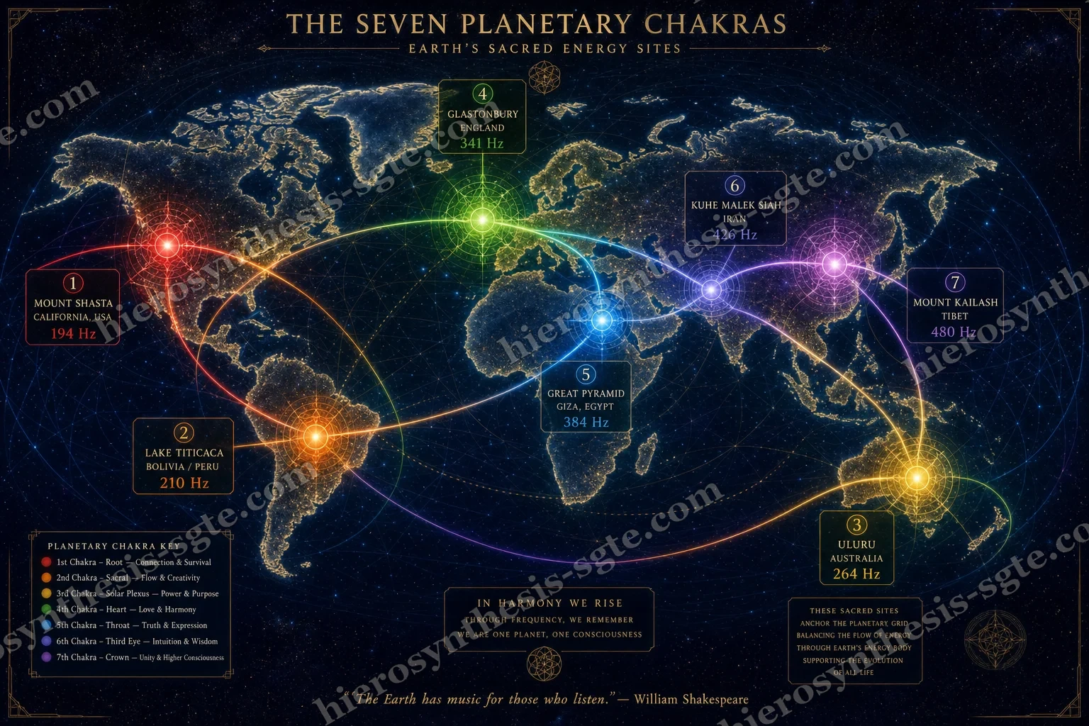 The earth-chakra map — the seven centres placed on the globe