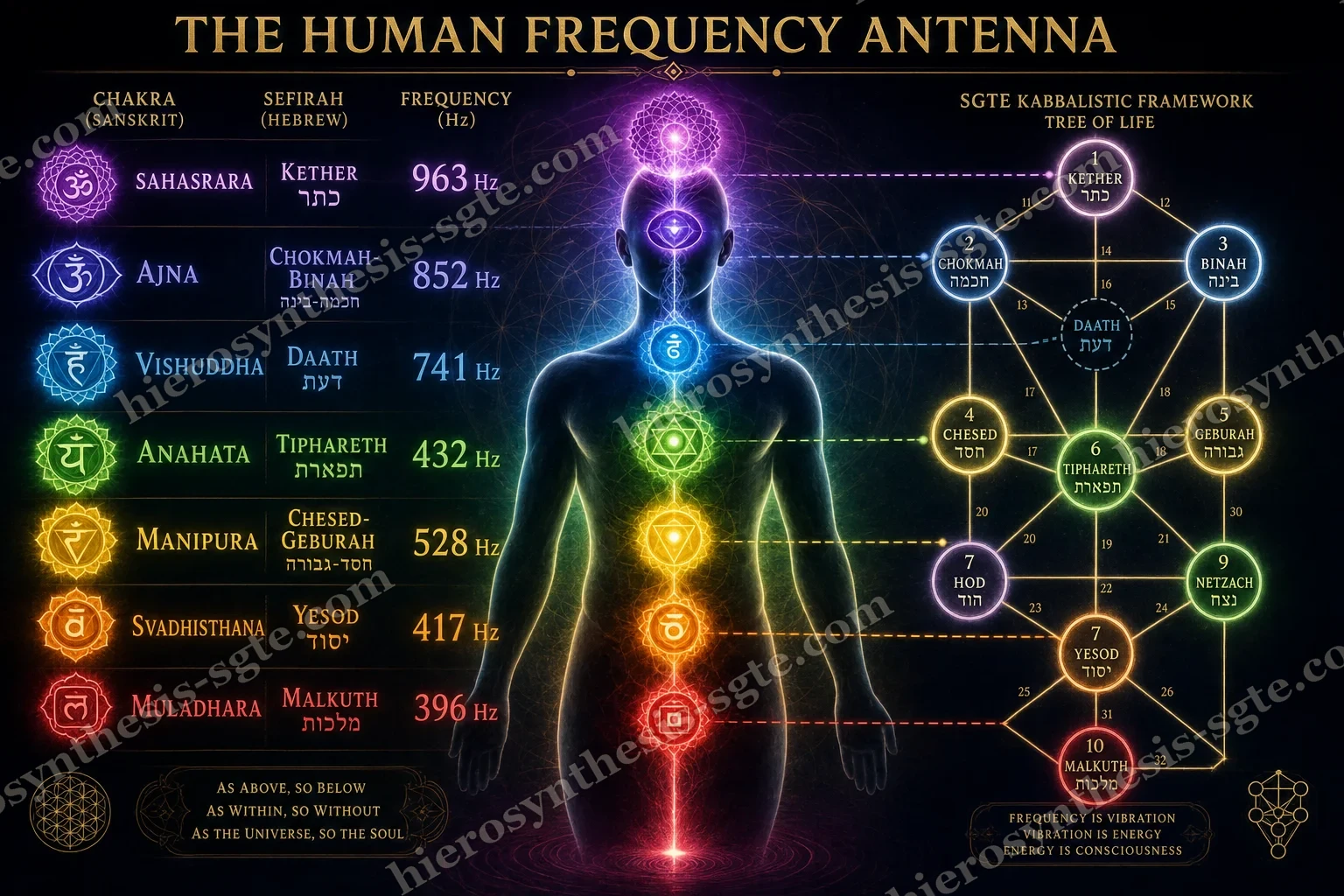 The Human Frequency Antenna — seven chakras on a human figure, cross-mapped to the sefirot of the Tree of Life beside a column of frequencies
