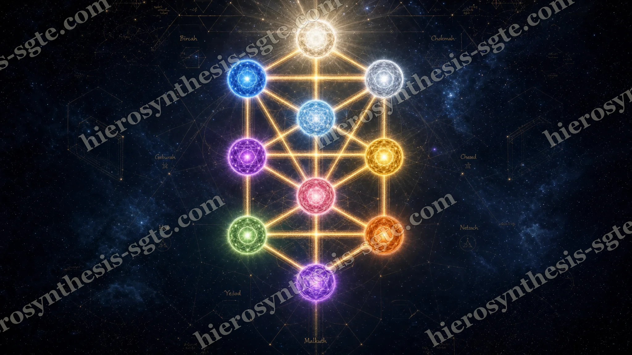 The ten spheres of the Tree of Life, painted as glowing orbs joined by golden lines