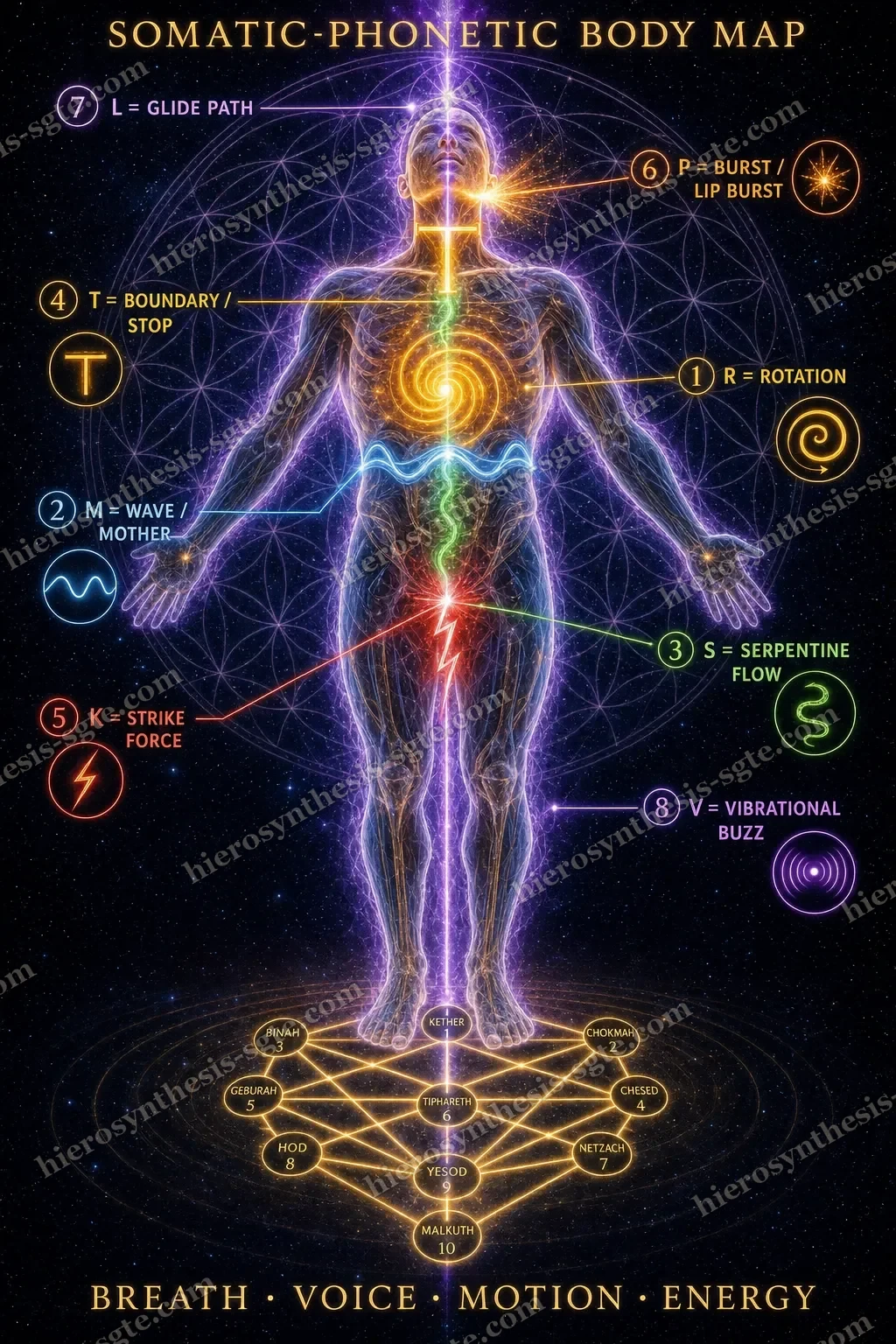Somatic-Phonetic Body Map — eight consonant energies located in a standing human figure, whose feet rest on the Tree of Life