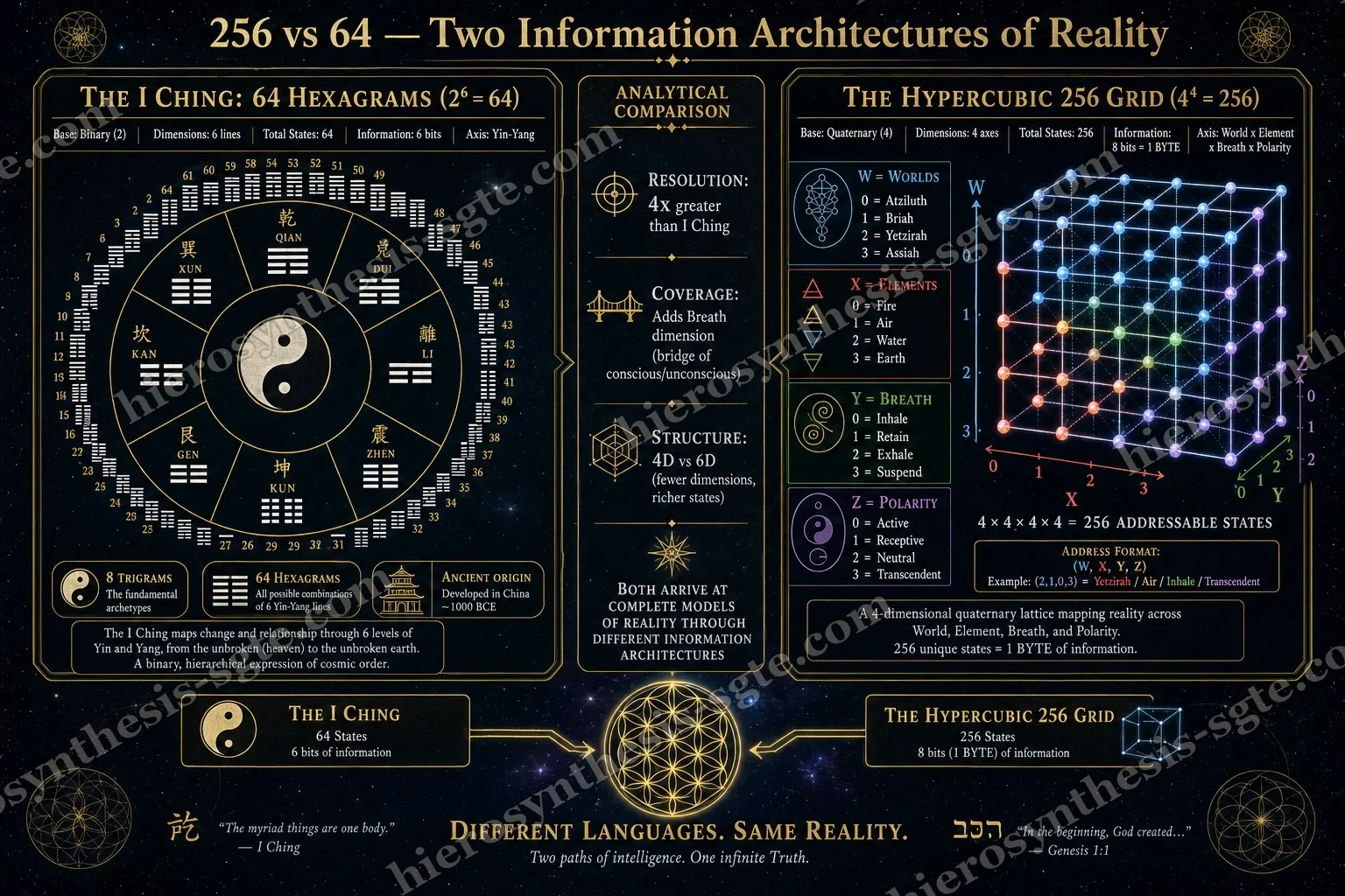 A side-by-side comparison of the I Ching's 64 hexagrams and a 256-state hypercubic grid