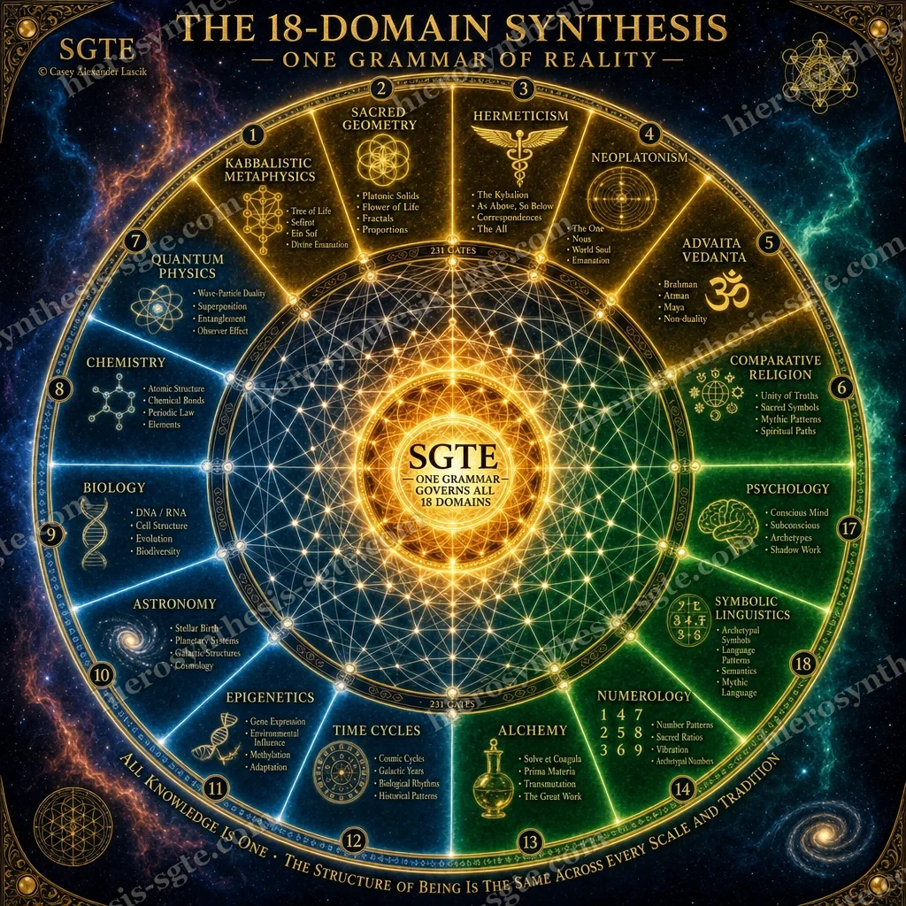 An eighteen-spoked wheel joining Kabbalah, sacred geometry, physics, biology, alchemy and psychology around a single centre