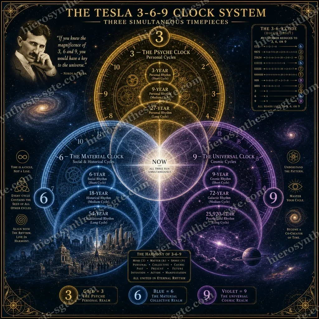 The Tesla 3-6-9 Clock System — three interlocking timepieces, personal, material and universal, with NOW at their crossing